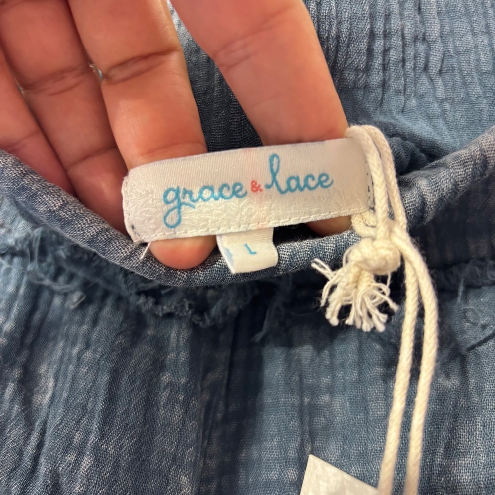 Grace & Lace Blue Double Gauze Cotton Raw Hem Shorts Large NWT Indigo Boho - Picture 3 of 7
